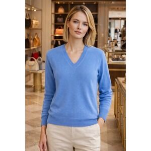 J.Crew 100% Cashmere Blue V Neck Sweater Oversized Relaxed Fit Women Rib Cuffs M